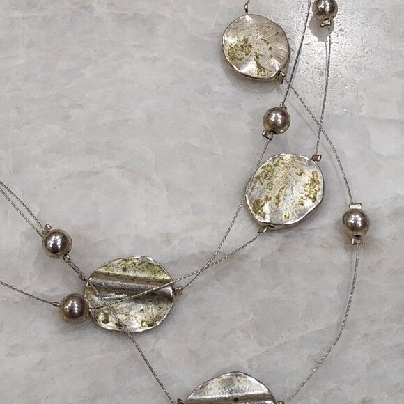 Three Strand Cable Necklace w/Silver Beads and Metal Discs - Picture 2 of 3